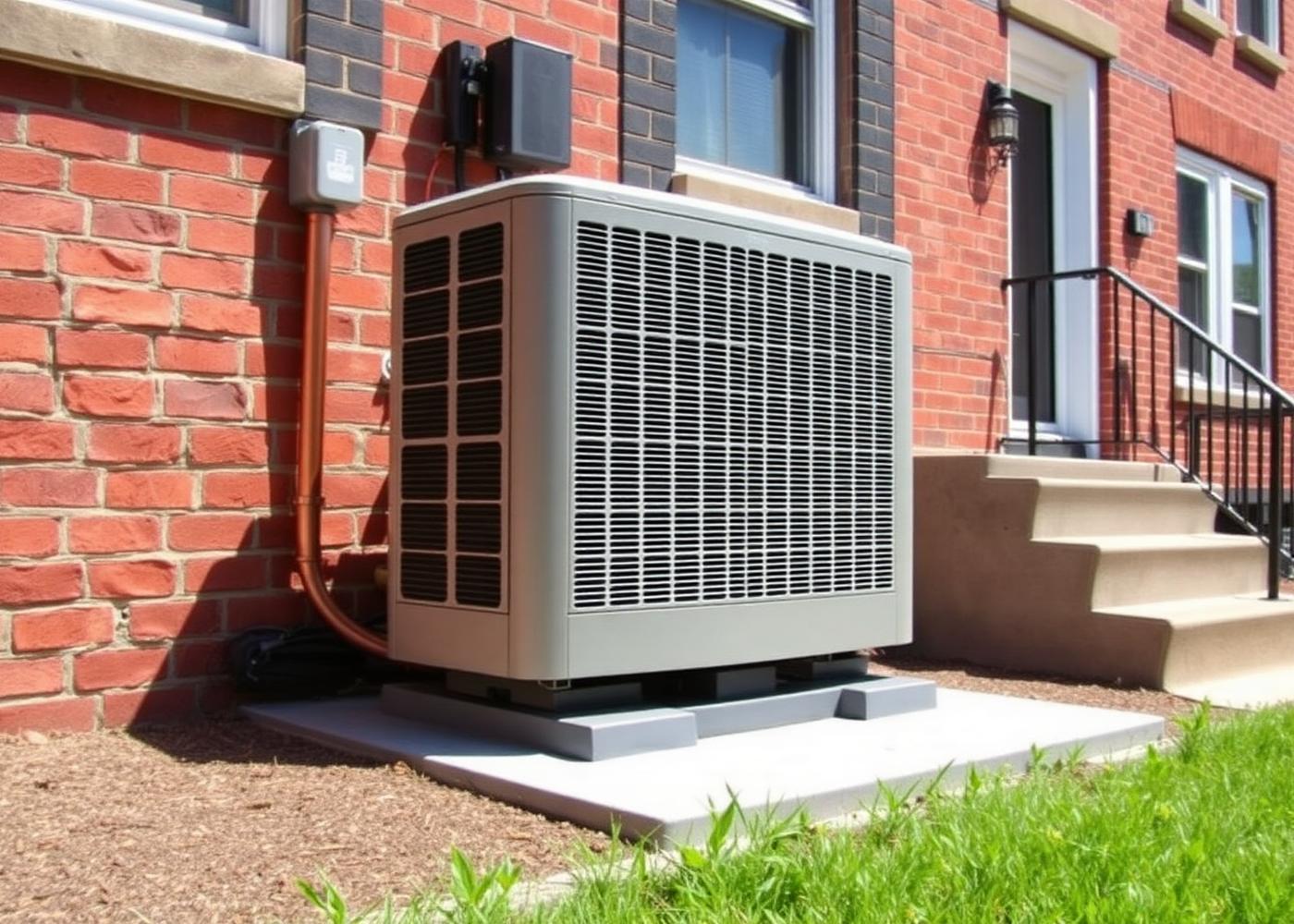 New high-efficiency AC condenser installed beside a Baltimore rowhouse